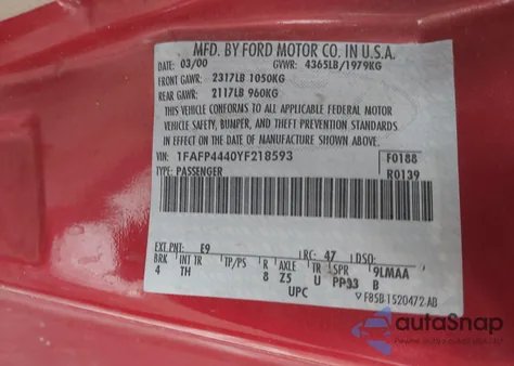 2000 Ford Mustang из США, поврежденный, VIN 1FAFP4440YF218593